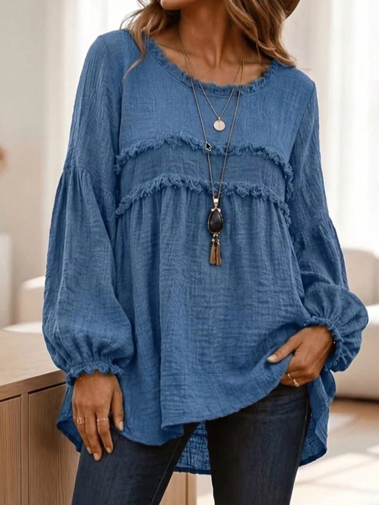 Tops - Solid Textured Round Neck Frayed Detail Long sleeve Top